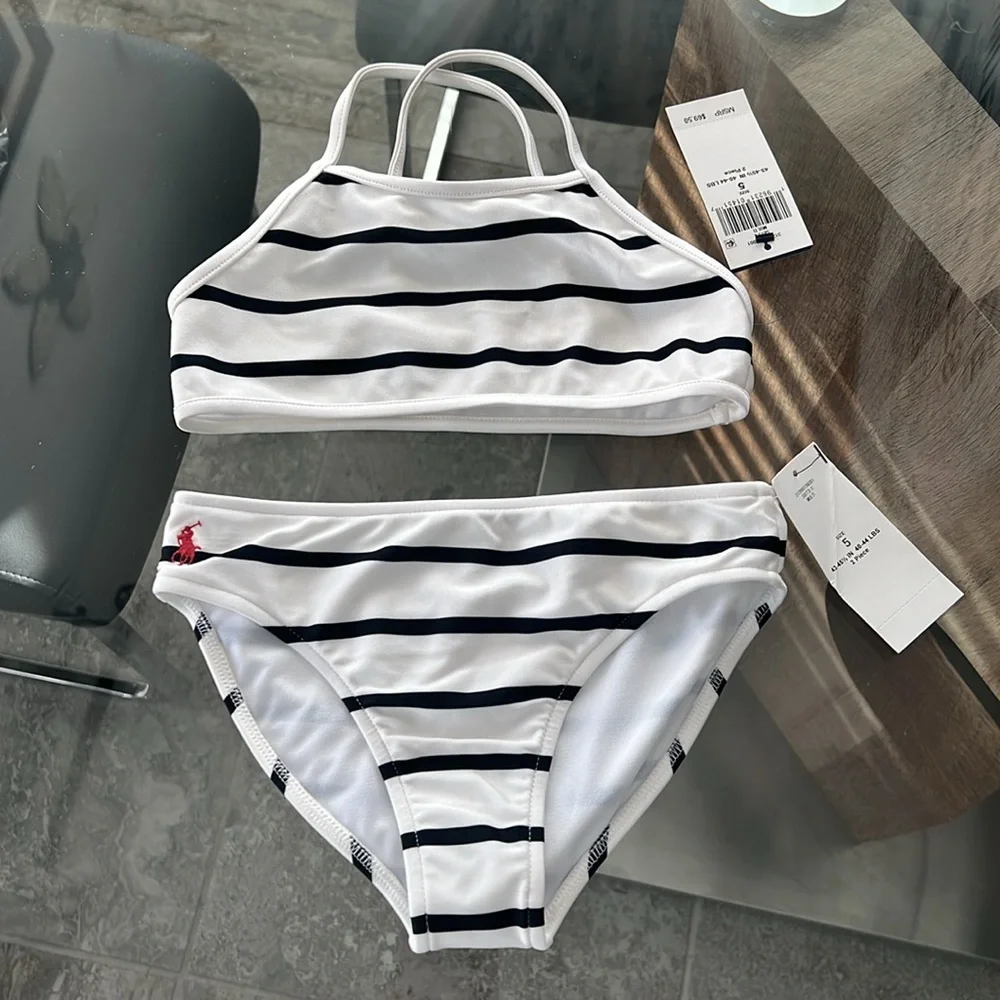 NWT Polo by Ralph Lauren White Black Striped Kids Bikini Size 5T - Picture 1 of 5